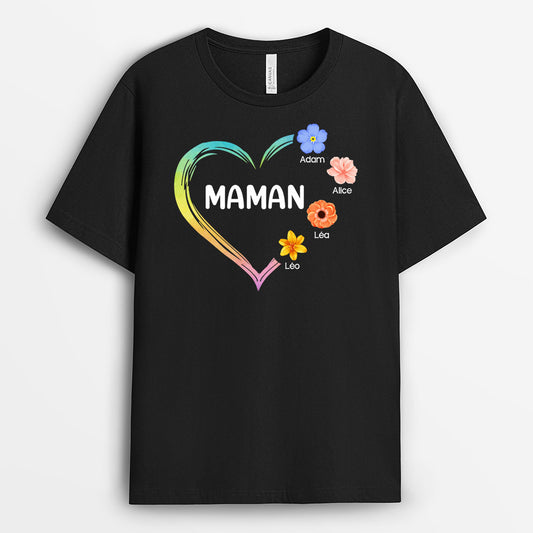 0980AFR1 Cadeau Personnalise T shirt Coeur petites fleurs Maman Mamie