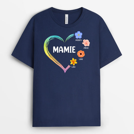 0980AFR2 Cadeau Personnalise T shirt Coeur petites fleurs Maman Mamie