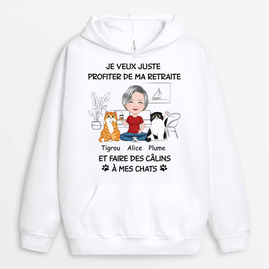 1046HFR1 Cadeau Personnalise Sweat a Capuche Retraite Calins Amoureux des chats