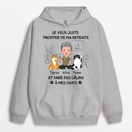 1046HFR2 Cadeau Personnalise Sweat a Capuche Retraite Calins Amoureux des chats