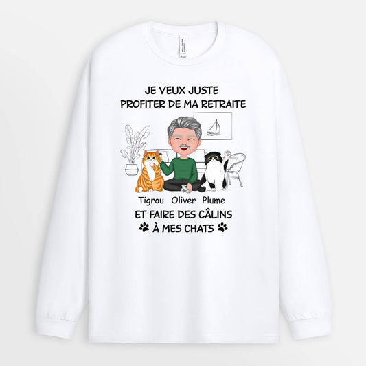 1060NFR1 Cadeau Personnalise Manches longues Retraite Calins Amoureux des chats