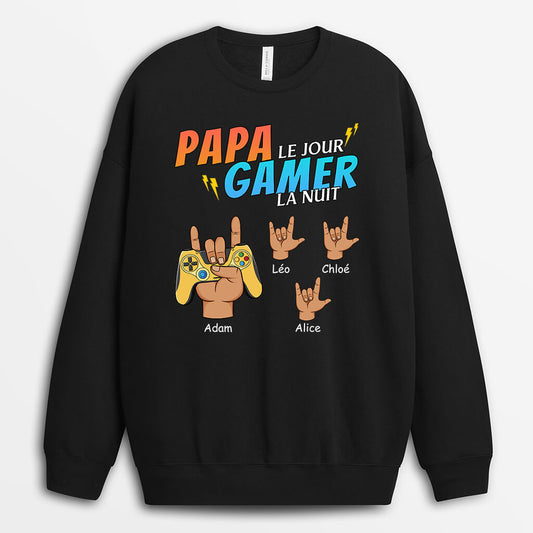 1163WFR1 Cadeau Personnalise Sweatshirt Papa Jour Gamer Nuit Pere