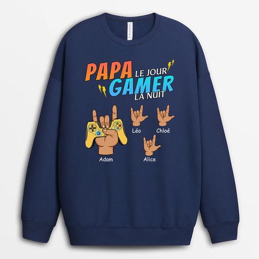 1163WFR2 Cadeau Personnalise Sweatshirt Papa Jour Gamer Nuit Pere