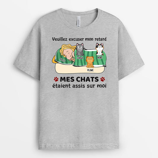 1304AFR2 t shirt veuillez excuser mon retard mon chat etait assis sur moi personnalise