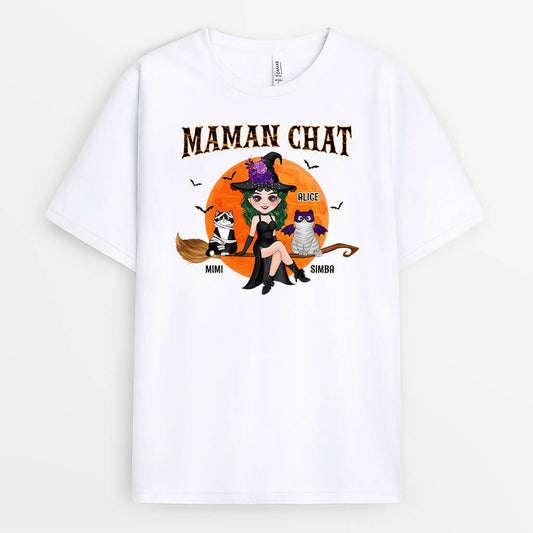 1310AFR1 t shirt maman chat sorciere avec son balai personnalise