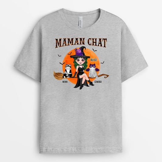 1310AFR2 t shirt maman chat sorciere avec son balai personnalise
