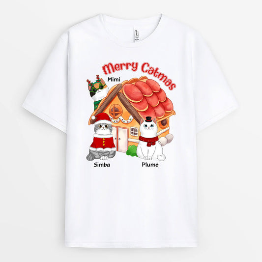 1372AFR1 t shirt joyeux noel maison des chats personnalise