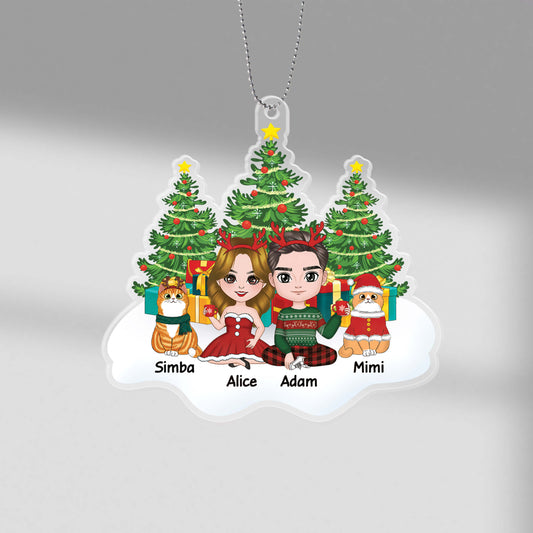 1406OFR1 ornement couple et chats assis sur la neige personnalise