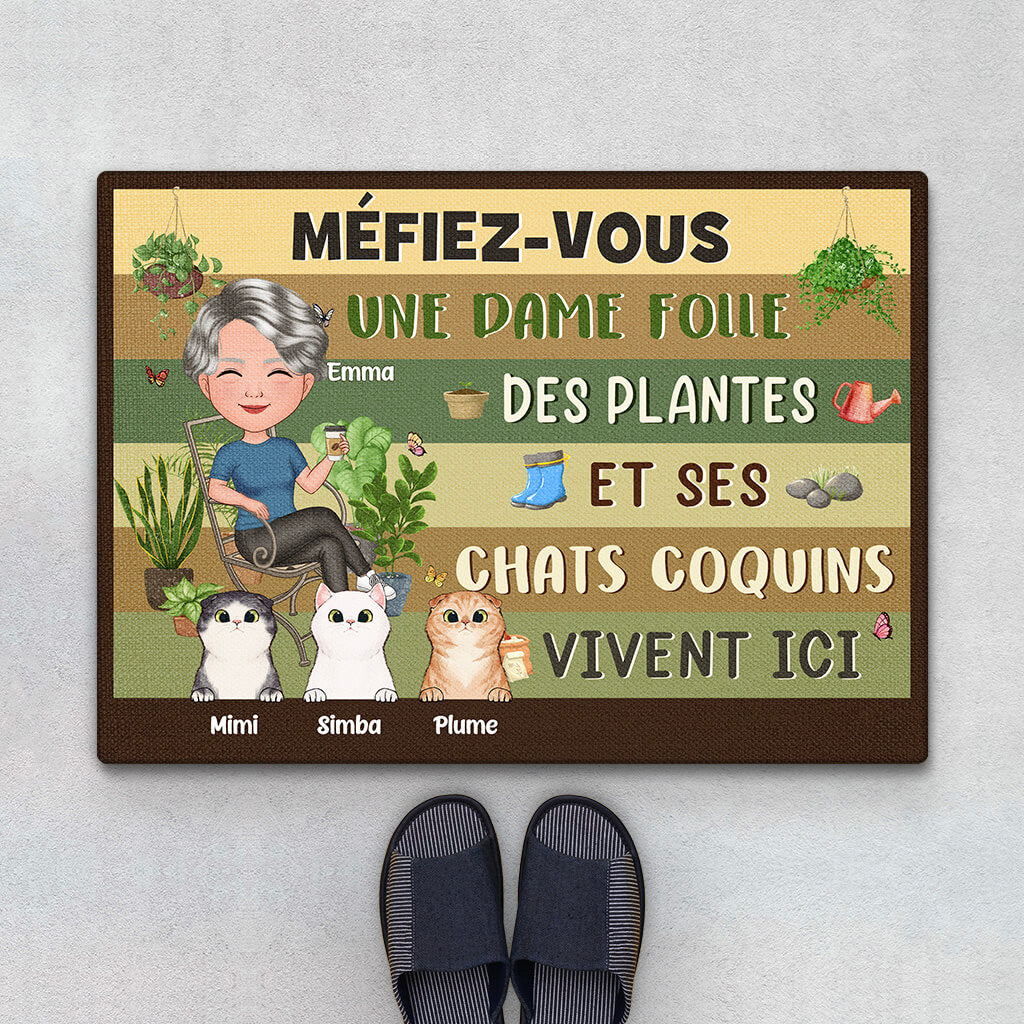 1856DFR1 pallaisson une dame folle des plantes et son chat coquin vivent ici personnalise