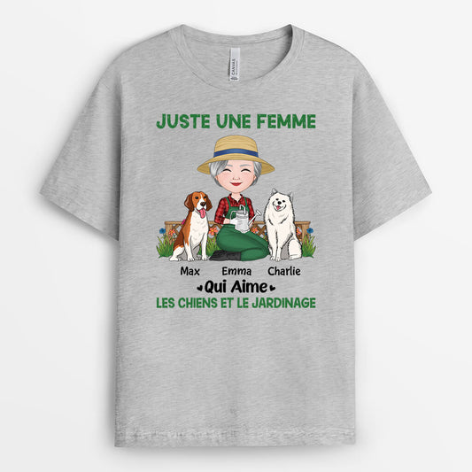 1859AFR2 t shirt juste une femme_ qui aime les chiens et le jardinage personnalise