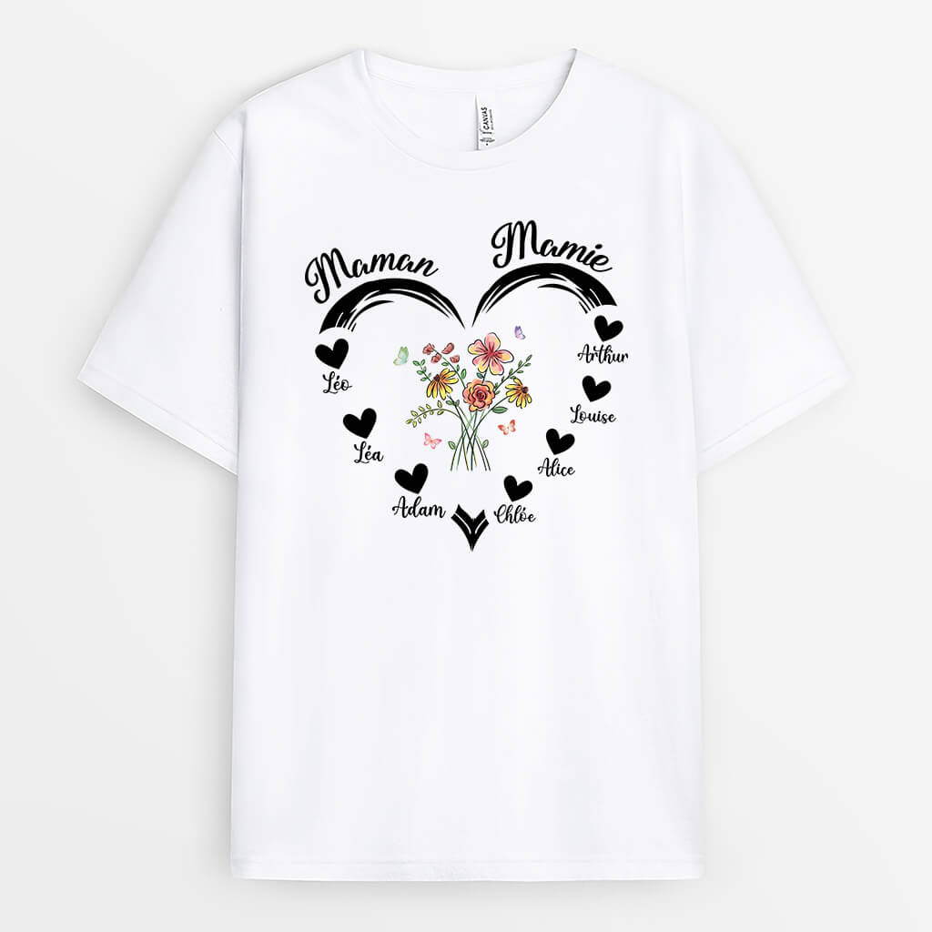2174AFR1 t shirt maman mamie coeur avec fleurs personnalise