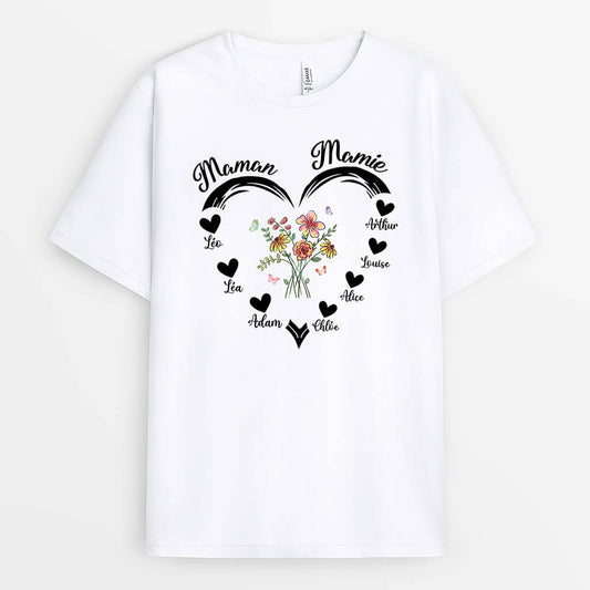 2174AFR1 t shirt maman mamie coeur avec fleurs personnalise