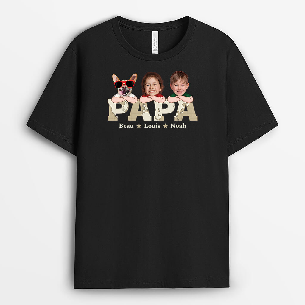 2332AFR1 t shirt papa ses enfants et ses animaux version noir personnalise