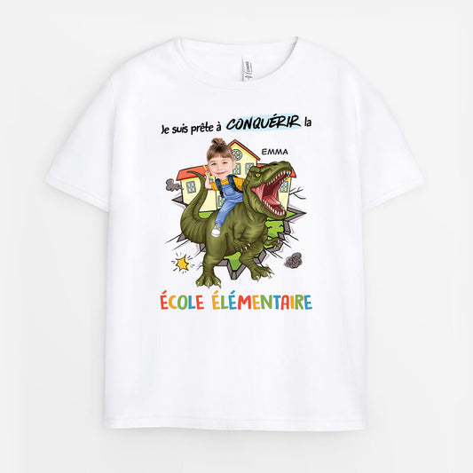 2664AFR1 je suis pret a conquerir la maternelle version enfant dinosaure t shirt pour enfant personnalisable
