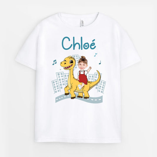 2671AFR2 garcon dinosaure sur la route avec visage t shirt enfant personnalise pour garcon