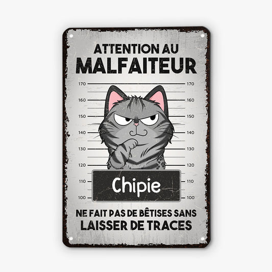 3004EFR1 attention au malfaiteur plaque en metal pour amoureux des chats