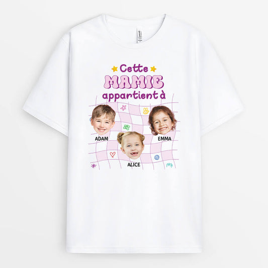 3147AFR1 cette mamie appartient a avec visages des petits enfants tee shirt mamie personnalise