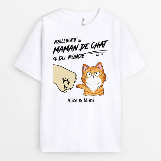 3313AFR1 la meilleure maman chat du monde version bosse de poing tee shirt chat personnalise