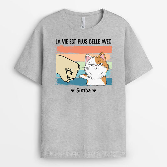 3314AFR2 la vie est meilleure avec mon chat tee shirt personnalise chat