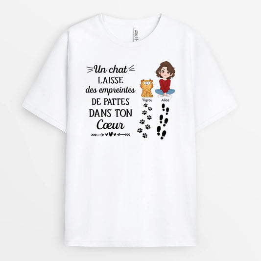 3351AFR1 les chats laissent des empreintes de pattes dans ton coeur tee shirt chat personnalise
