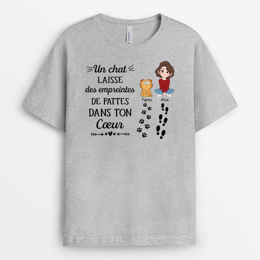 3351AFR2 les chats laissent des empreintes de pattes dans ton coeur tee shirt chat personnalise