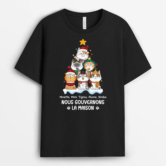 3425AFR1 nous gouvernons la maison version chats fous en arbre de noel tee shirt avec des chats