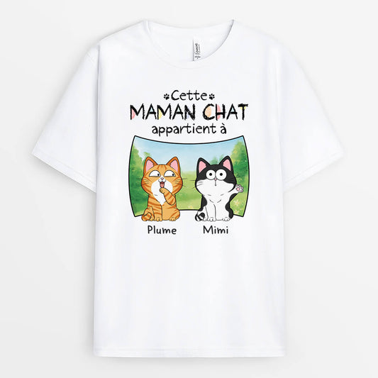 3437AFR1 cette maman chat appartient a version crayonne et fond verdure tee shirt chat personnalise