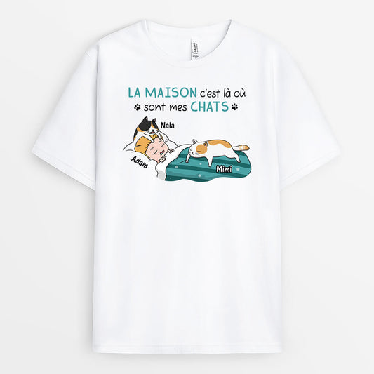 3493AFR1 la maison c_est la ou sont mes chats tee shirt chat personnalise