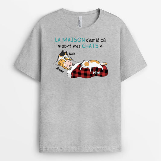 3493AFR2 la maison c_est la ou sont mes chats tee shirt chat personnalise