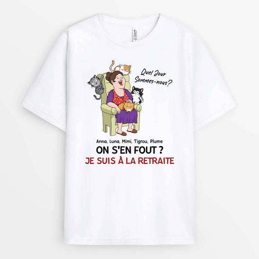 3559AFR1 quel jour sommes nous je suis retraitee avec chats hilarants tee shirt chat personnalise