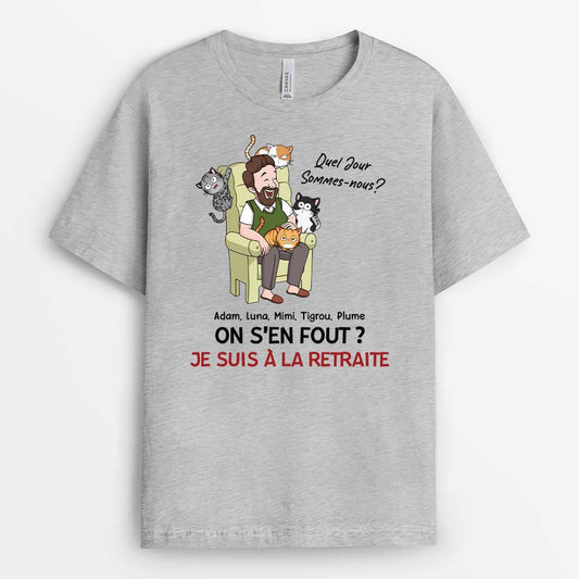 3559AFR2 quel jour sommes nous je suis retraitee avec chats hilarants tee shirt chat personnalise