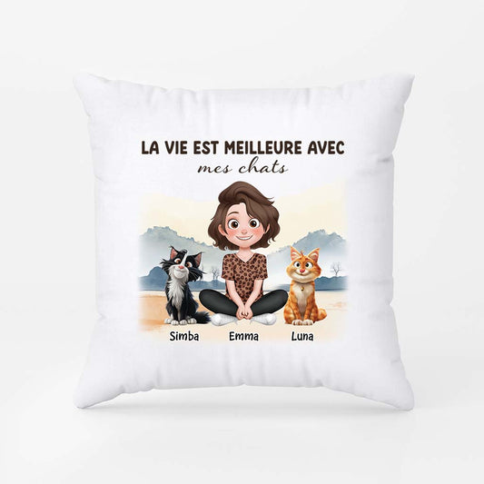 3970PFR1 coussin personnalise avec chat la vie est meilleure 3970P8H0D