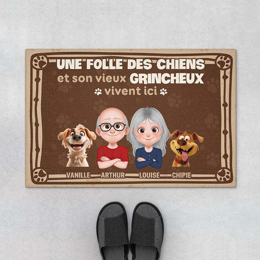 4060DFR1 paillasson personnalise vintage une folle des chiens et son vieux grincheux 4060dkm0c