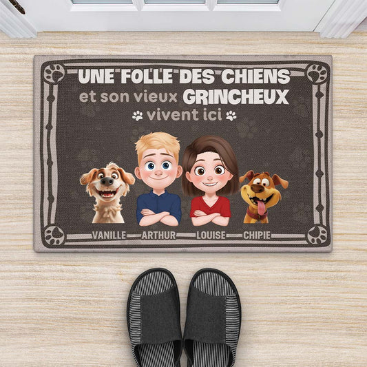 4060DFR2 paillasson personnalise vintage une folle des chiens et son vieux grincheux 4060dkm0c