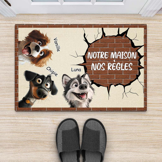 4264DFR2 paillasson chien personnalise nous gouvernons la maison mur en brique 4264dtd5c