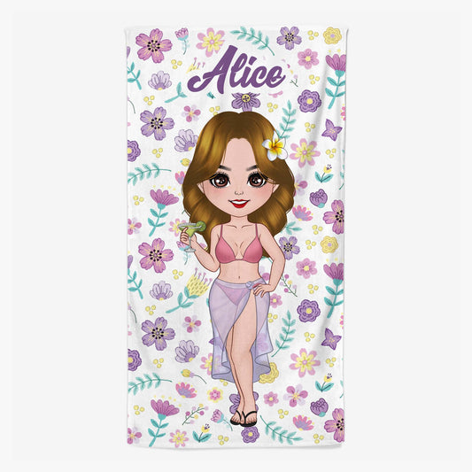 4593BFR1 serviette de plage personnalise femme avec fleurs violettes 4593b5m0a