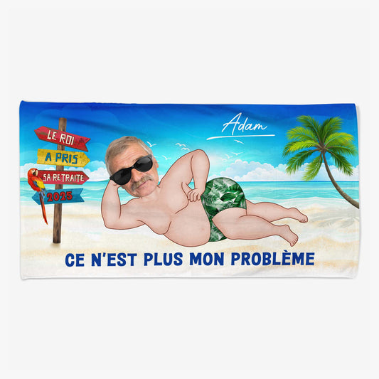 4711BFR1 serviette de plage personnalisee le roi a pris sa retraite avec visage 4711b3ttb