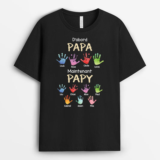 4768AFR1 t shirt personnalise dabord papa maintenant papy empreintes de mains colorees 4768atktb