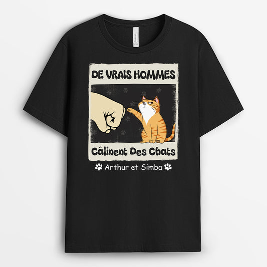4907AFR1 tee shirt personnalise chat les vrais hommes calinent des chats poings 4907a8m3d