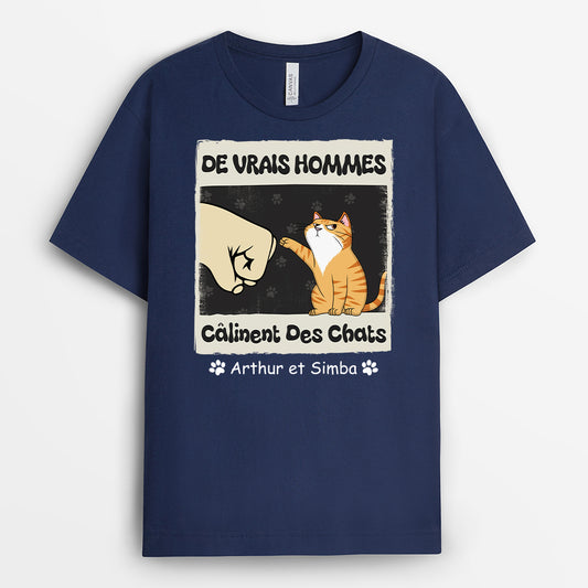 4907AFR2 tee shirt personnalise chat les vrais hommes calinent des chats poings 4907a8m3d