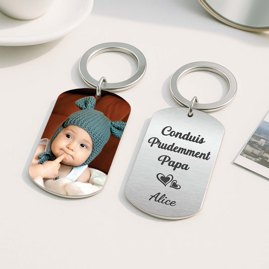 4997JFR2 porte cle aluminium personnalise photo pour papa conduis prudemment 4997jt4tb