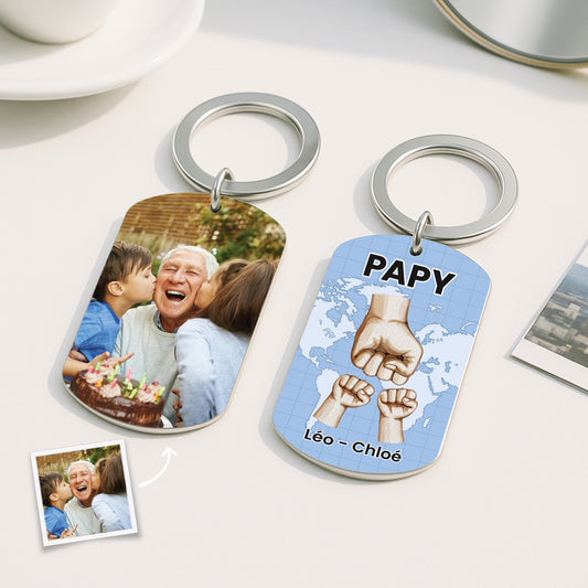 4998JFR2 porte cle aluminium personnalise papa avec photo design carte et poings 4998j3qab