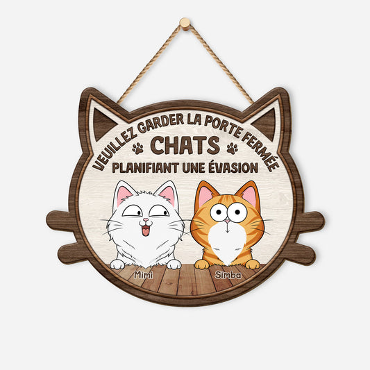 5035QFR1 plaque en bois personnalisee avec chat a suspendre fermer la porte svp 5035q8qnd