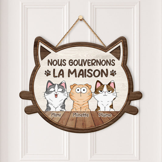 5094QFR2 plaque en bois personnalisee avec chat a suspendre nous gouvernons la maison 5094q8itd