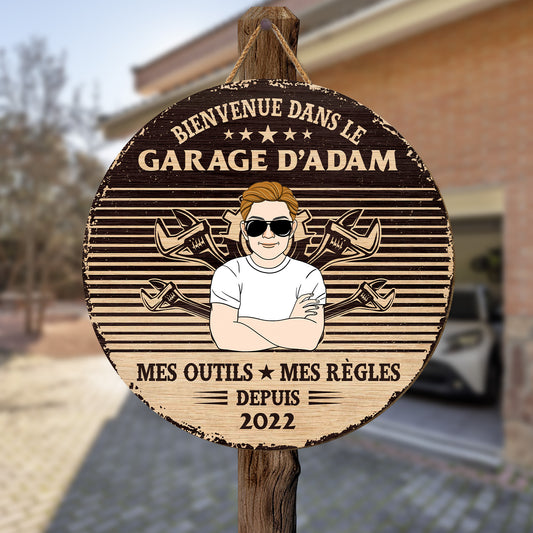 5099QFR2 plaque en bois personnalisee a suspendre bienvenue dans le garage 5099qklmb