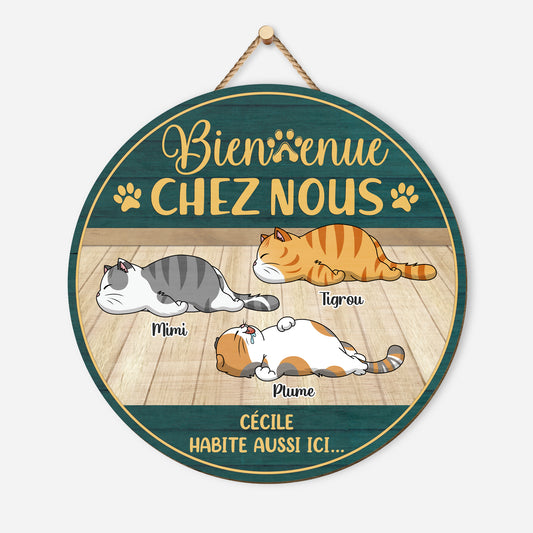 5115QFR1 plaque en bois personnalisee avec chat a suspendre bienvenue chez nous 5115q6yad