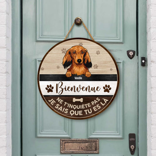 5133QFR2 plaque en bois personnalisee avec chiens a suspendre bienvenue 5133qtkac