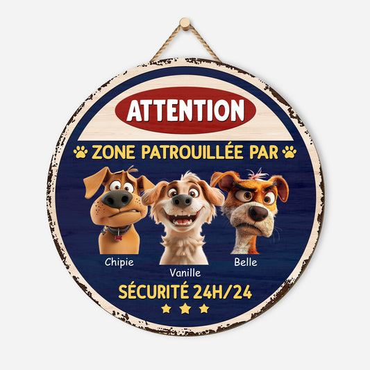 5160QFR1 plaque en bois personnalisee a suspendre zone patrouillee avec chien 5160qkgmc