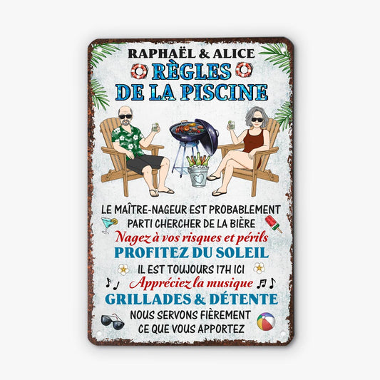 5210EFR2 plaque en metal personnalisee pour couple regles de la piscine 5210etkag