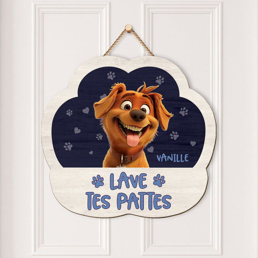 5214QFR2 plaque en bois personnalisee a suspendre avec chien lave tes pattes 5214qk6nc